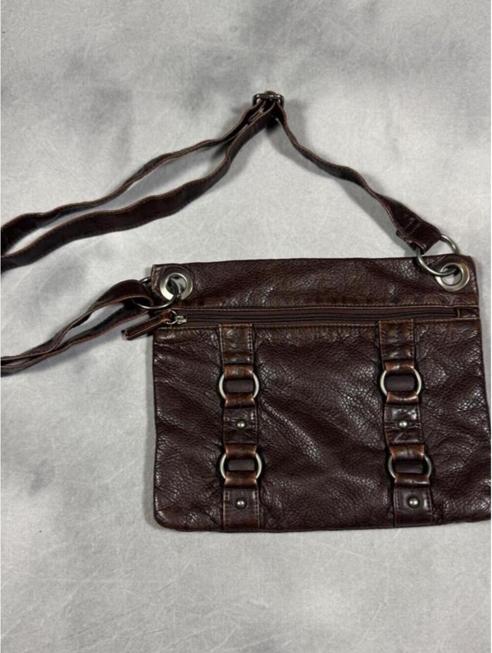 Y2K Brown Faux Leather Crossbody Bag Slouchy Boho Grommet Ring Purse